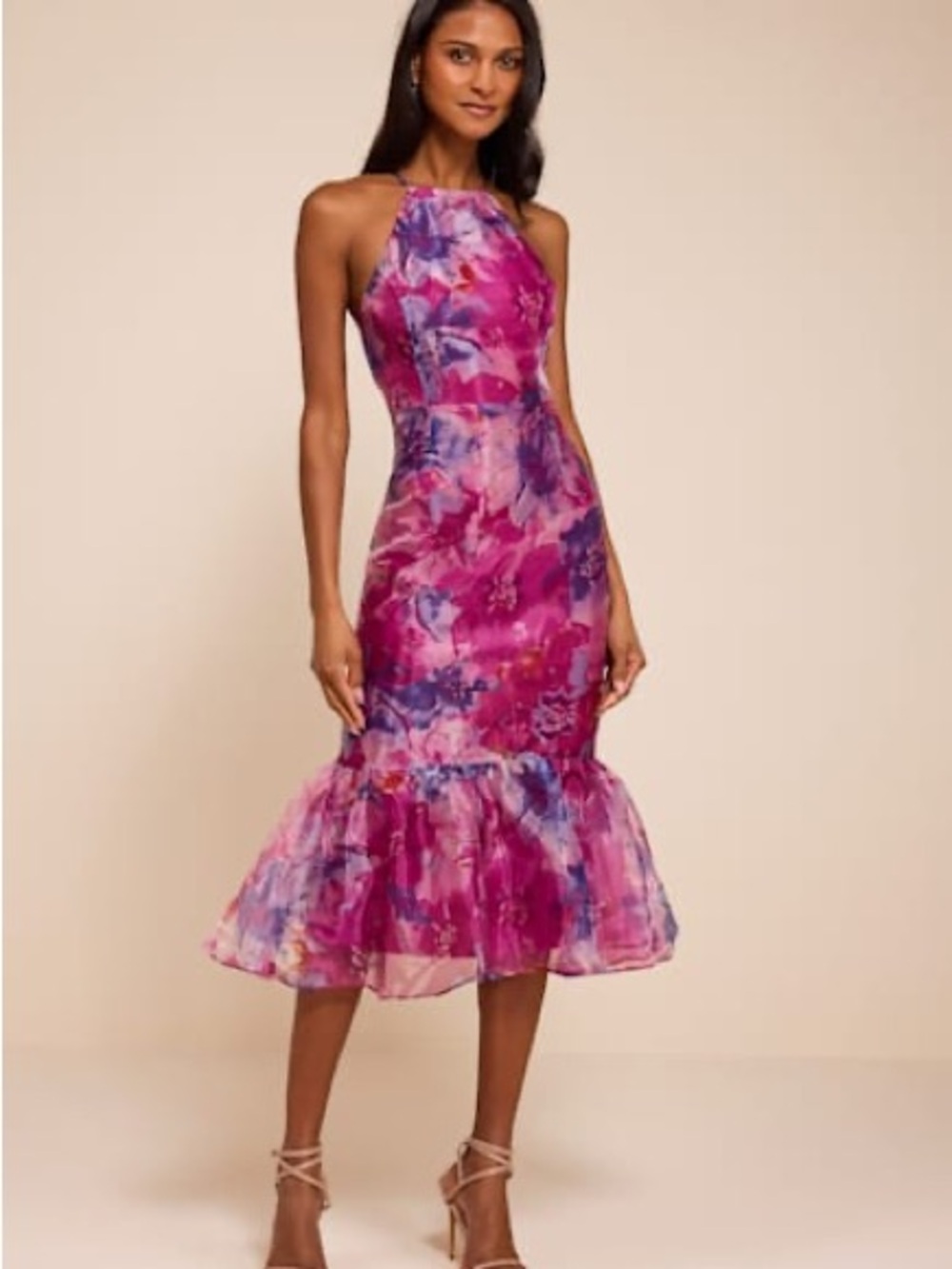Admirable Essence Magenta Floral Organza Trumpet Midi Dress